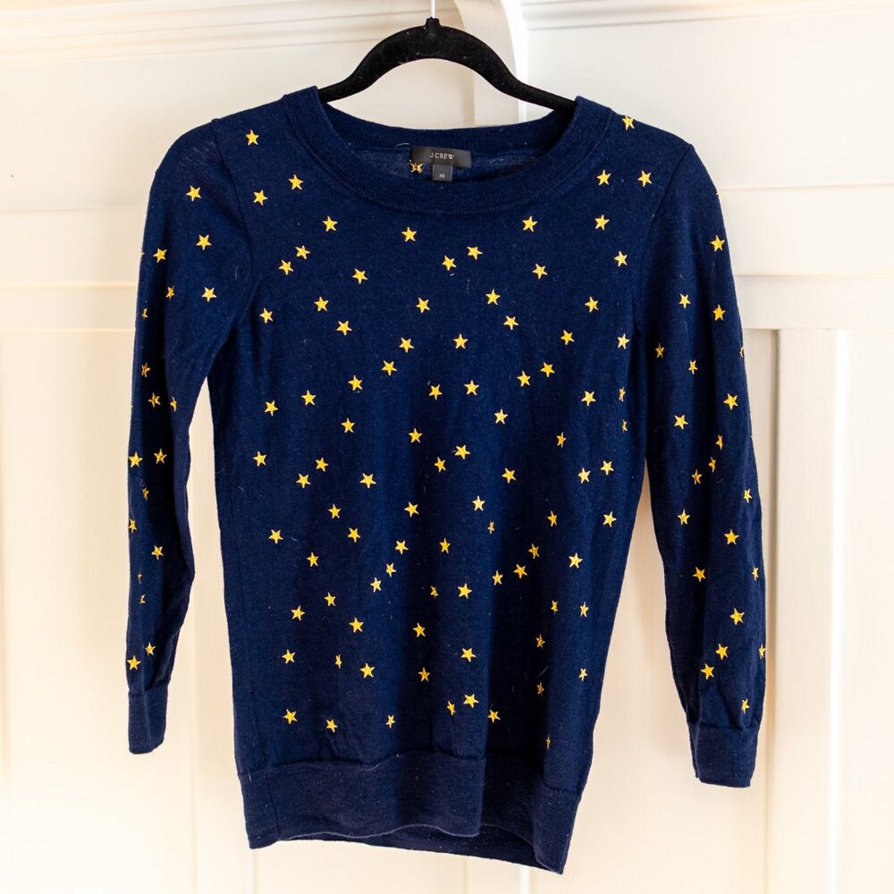 J.Crew Navy Blue Star Embroidered Crewneck Sweater, Merino Wool